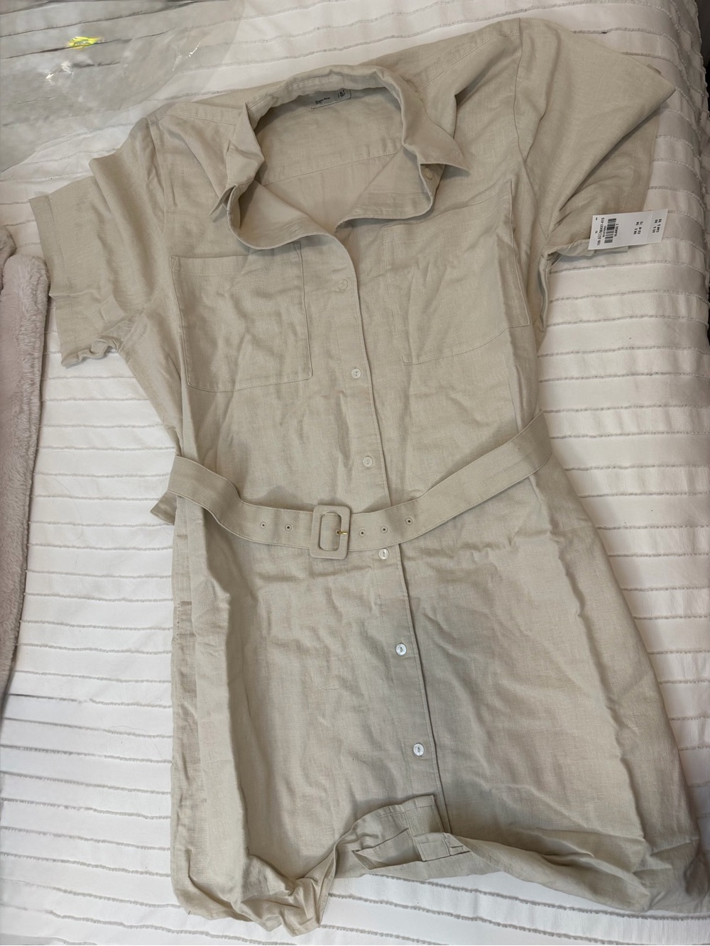 Beige Button-Front Belted Shirt Dress